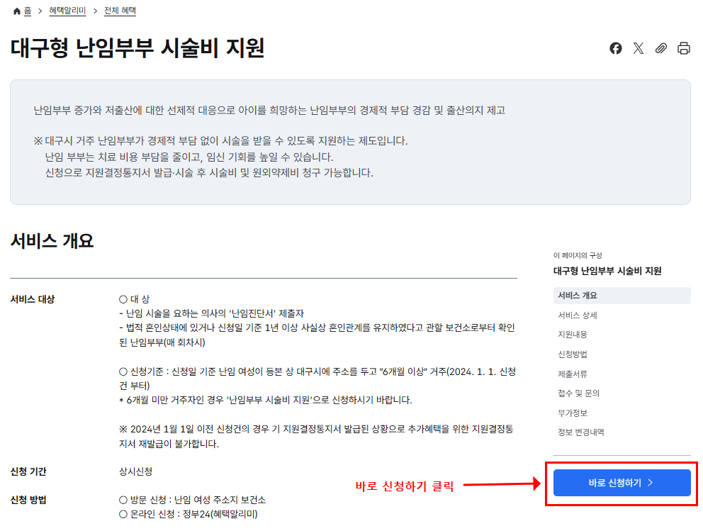 대구형 난임부부 시술비 지원 서비스 개요 바로 신청하기 화면