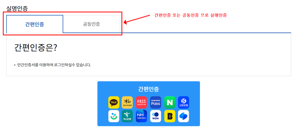 카카오·네이버·PASS 등 간편인증 또는 공동인증서 선택