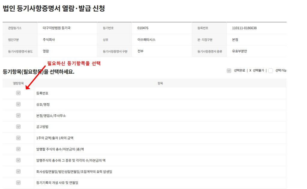 법인 등기부등본 등기유형 항목 선택 화면