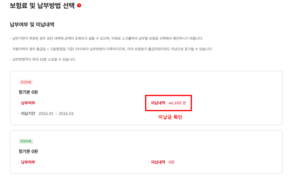 건강보험 미납금 조회 납부여부 미납내역 확인 화면