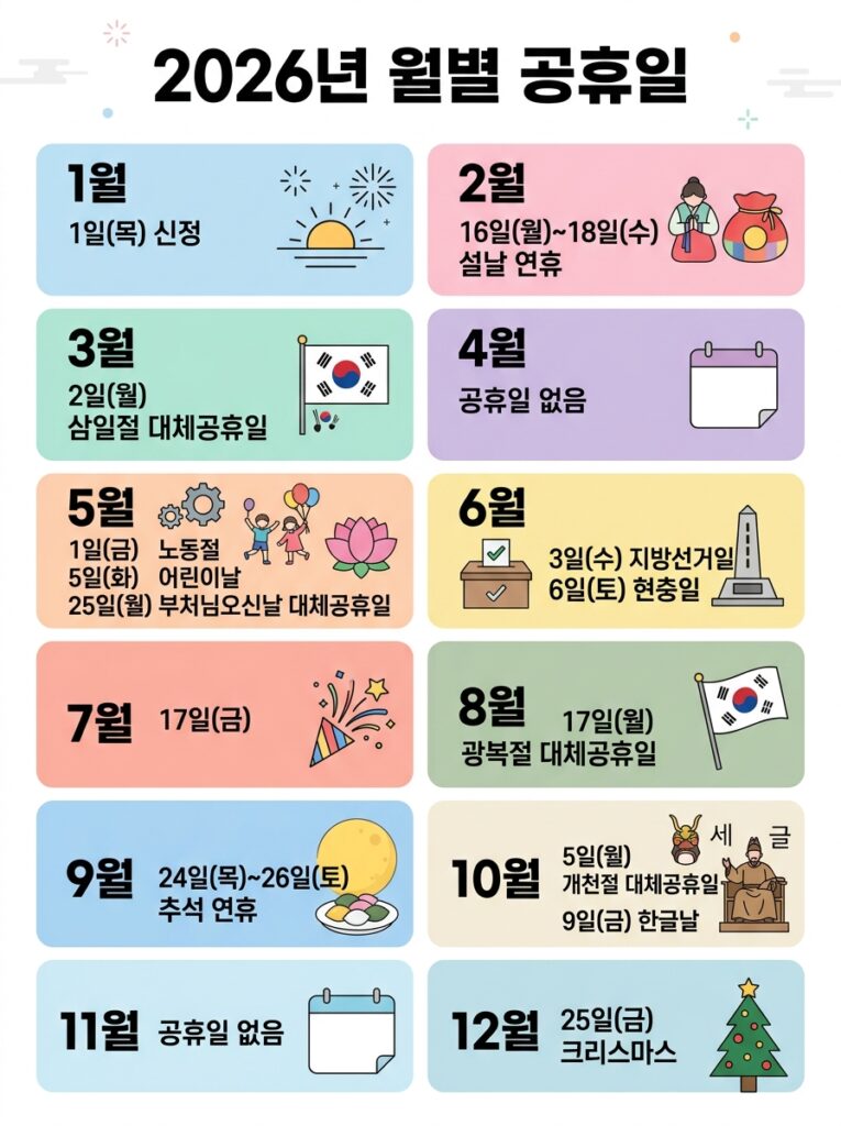  2026년 공휴일 월별 전체 정리 